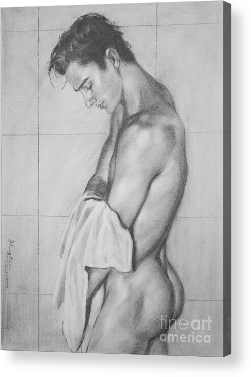 Original Art Acrylic Print featuring the painting Original Drawing Sketch Charcoal Male Nude Gay Man Art Pencil On Paper -026 by Hongtao Huang