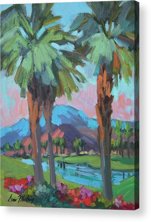 Coachella Valley Acrylic Print featuring the painting Palms and Coral Mountain by Diane McClary