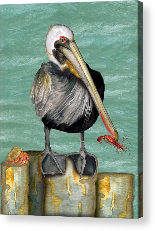 Pelican Acrylic Print featuring the painting Pelican with Shrimp by Anne Beverley-Stamps