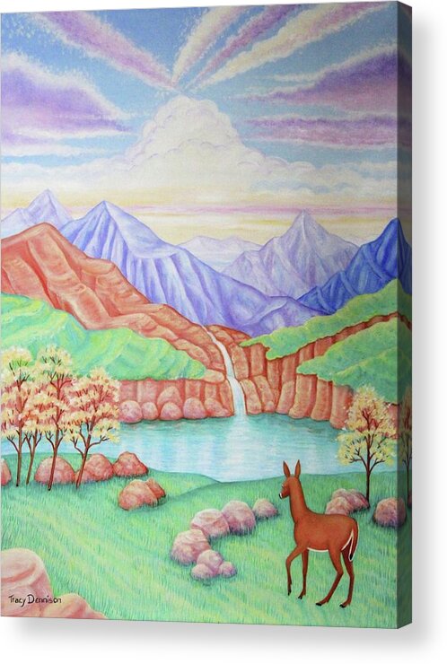 Deer Landscape Waterfall Mountains Acrylic Print featuring the painting Phantom Valley by Tracy Dennison