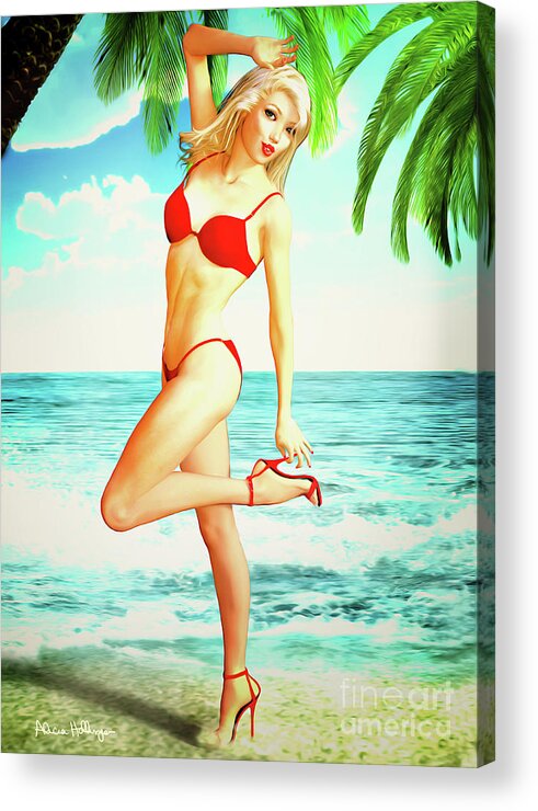 Pin-up Acrylic Print featuring the digital art Pin-Up Beach Blonde in Red Bikini by Alicia Hollinger