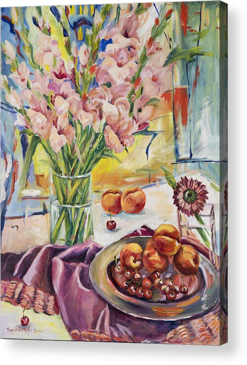 Still Life Acrylic Print featuring the painting Pink Gladioas by Ingrid Dohm