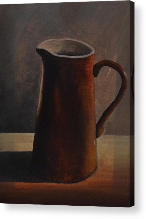 An Empty Red Ceramic Pitcher With A White Inside. The Pitcher Is Sitting On A Light Brown Colored Table With A Gray Background. The Red Pitcher Is Casting A Shadow On The Table. Acrylic Print featuring the painting Pitcher by Martin Schmidt