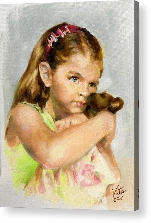 Liz Viztes Acrylic Print featuring the painting Portrait of a Young Girl with Toy Bear by Liz Viztes
