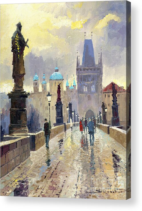 Oil On Canvas Acrylic Print featuring the painting Prague Charles Bridge 02 by Yuriy Shevchuk