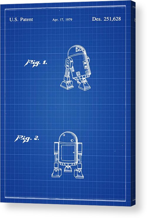 Starwars; C3p0; Patent; 1979; Robot; Star; Wars; Trek; Space; George; Lucas; Bill; Cannon; Photography; R2d2; Skywalker; Darth; Vader; Boba; Fett; Blue; Print; Blueprint Acrylic Print featuring the photograph R2D2 Patent 1979 by Bill Cannon