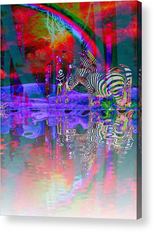 Rainbows Acrylic Print featuring the digital art Rainbow Zebras at Sunset by Serenity Studio Art
