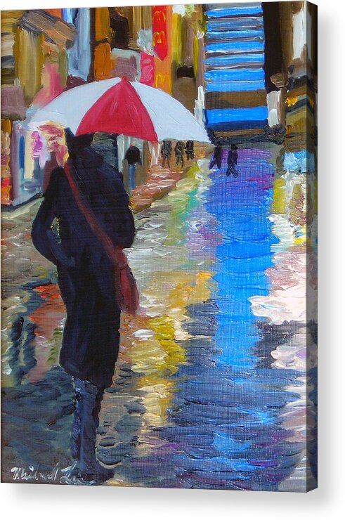 Umbrella Acrylic Print featuring the painting Rainy New York by Michael Lee