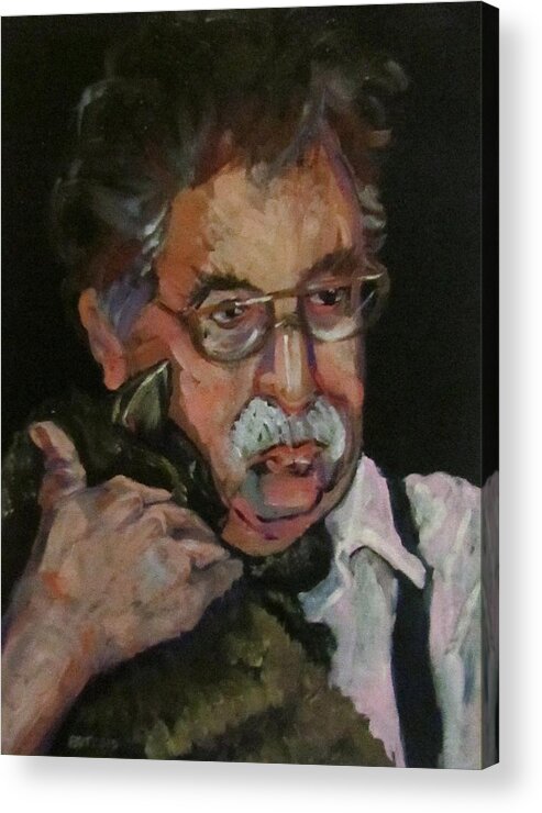 Man Acrylic Print featuring the painting Mr Mustache and his cat by Barbara O'Toole