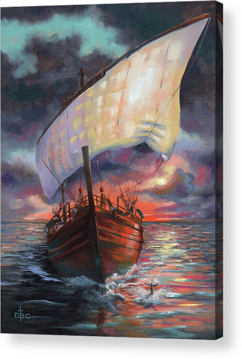 Ship Acrylic Print featuring the painting Running with the Dolphins at Sunset by David Bader