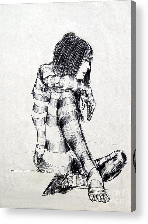 Ink Drawing Acrylic Print featuring the drawing Seated Striped Nude by Ronald Bissett