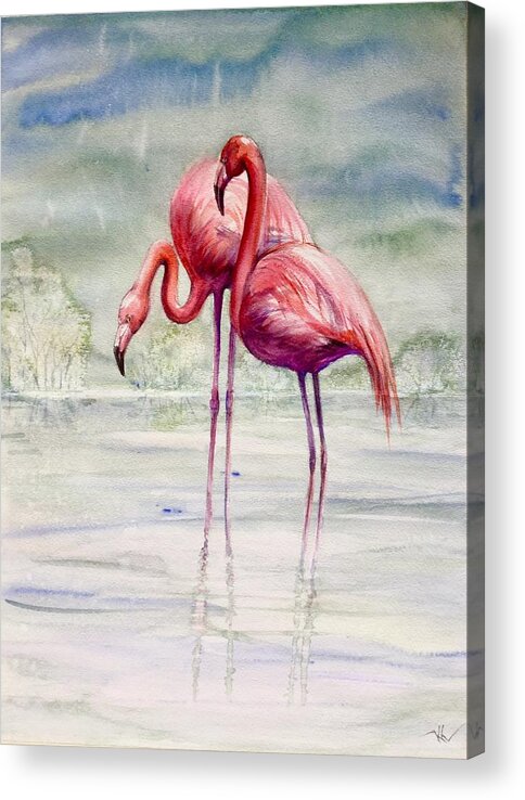 Flamingoes Acrylic Print featuring the painting Serenity by Katerina Kovatcheva
