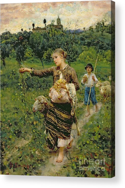 Shepherdess Acrylic Print featuring the painting Shepherdess carrying a bunch of grapes by Francesco Paolo Michetti
