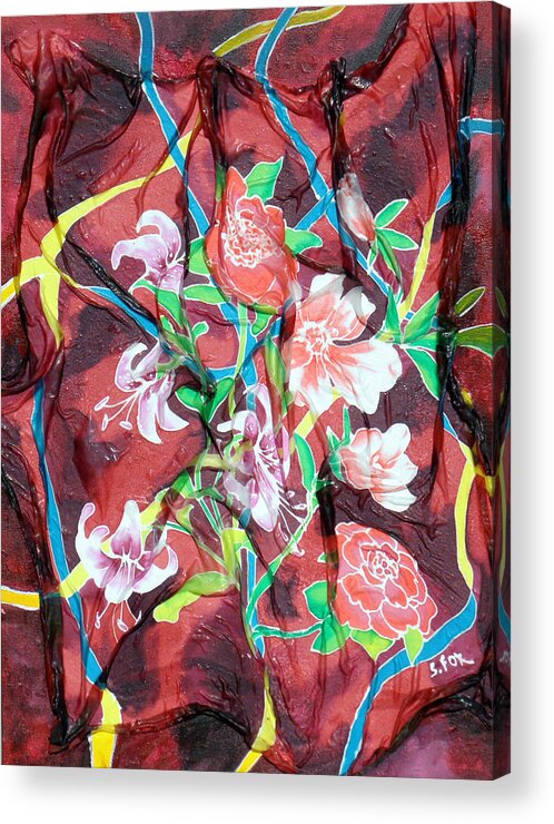 Hand Painted Silk Acrylic Print featuring the painting Silk Floral Ribbon by Sandra Fox