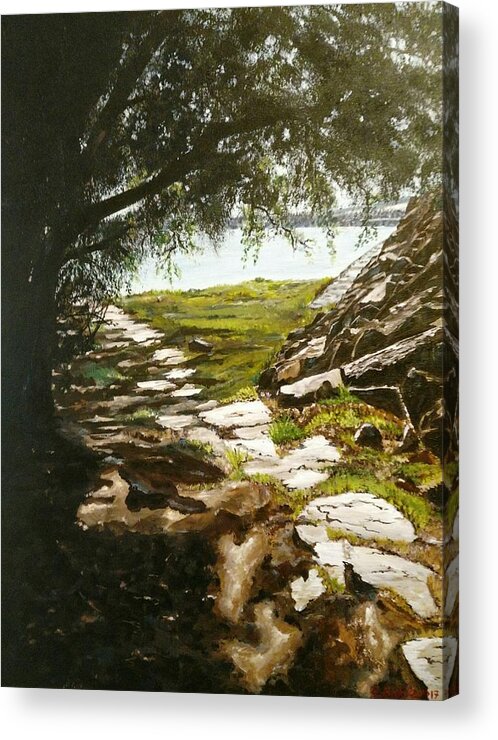 Landscape Acrylic Print featuring the painting Stone path to the ocean by Ray Khalife