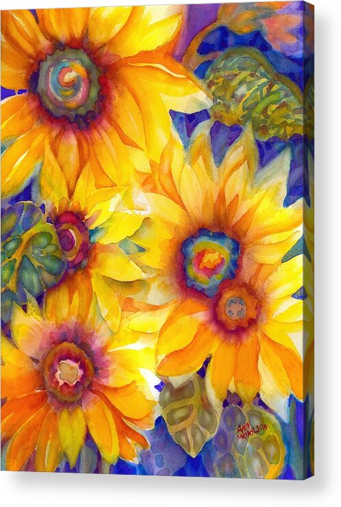 Watercolor Acrylic Print featuring the painting Sunflowers on Blue II by Ann Nicholson