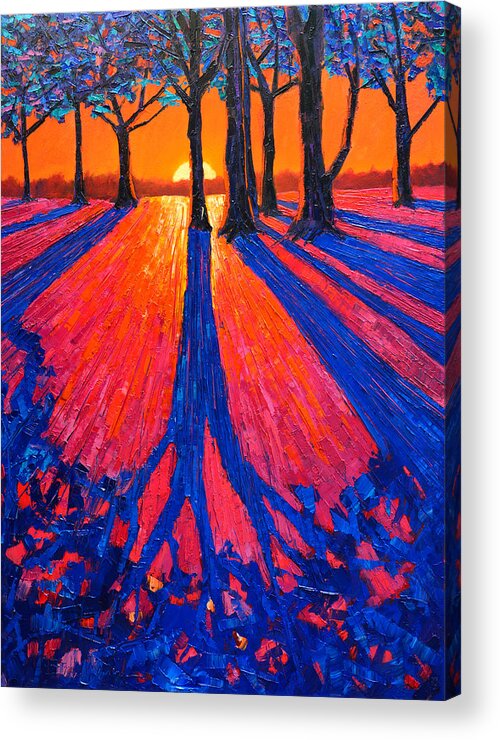 Trees Acrylic Print featuring the painting Sunrise In Glory - Long Shadows Of Trees At Dawn by Ana Maria Edulescu