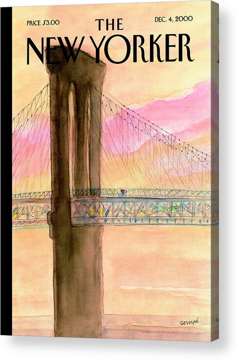 Bridge Acrylic Print featuring the painting A Bicyclist on His Way to Brooklyn by Jean-Jacques Sempe