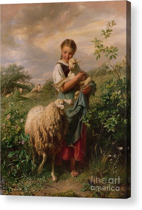 Shepherdess Acrylic Print featuring the painting The Shepherdess by Johann Baptist Hofner