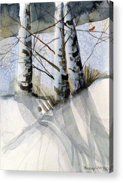 Birches Acrylic Print featuring the painting The Tiny Bird by Mindy Newman