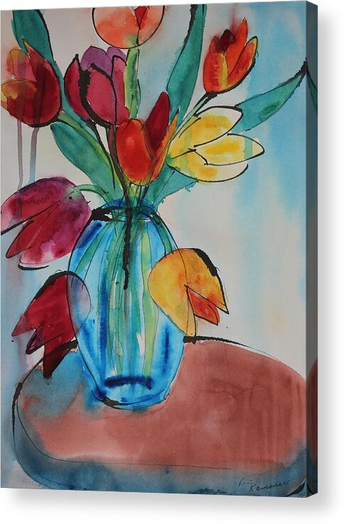 Tulips Acrylic Print featuring the painting Tulips in a Blue Glass Vase by Ruth Kamenev