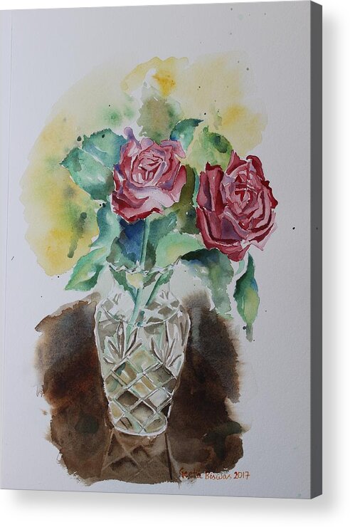 Vase Acrylic Print featuring the painting Vase with red roses by Geeta Yerra