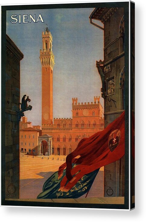 Palazzo Publico Acrylic Print featuring the painting View of the Palazzo Publico in Siena, Tuscany - Italia - Vintage Illustrated Poster by Studio Grafiikka