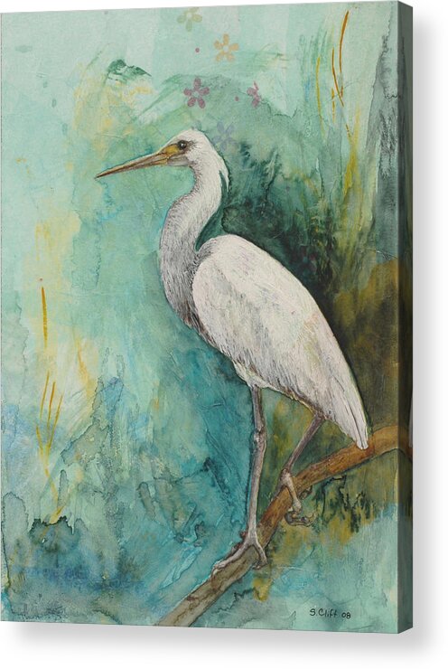 Heron Acrylic Print featuring the painting Waiting to Strike by Sandy Clift