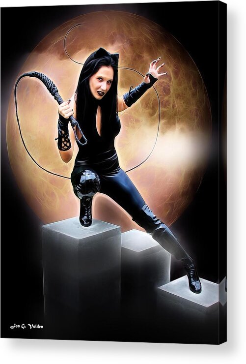Fantasy Acrylic Print featuring the painting Whip Of The Feline Fatale by Jon Volden