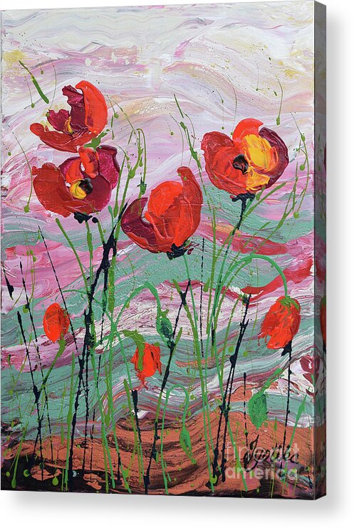 Wild Poppies - Triptych Acrylic Print featuring the painting Wild Poppies - 1 by Jyotika Shroff