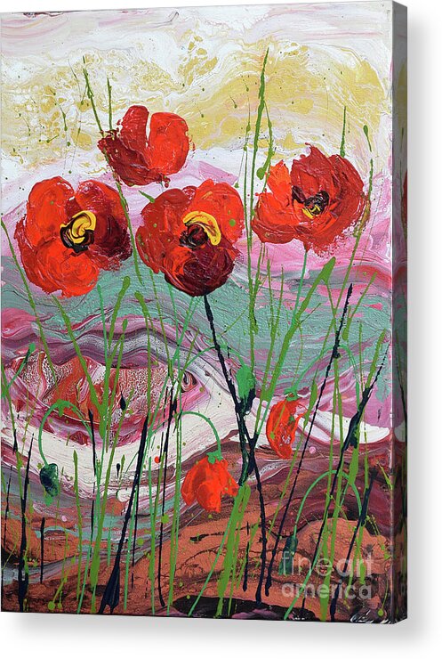 Wild Poppies - Triptych Acrylic Print featuring the painting Wild Poppies - 3 by Jyotika Shroff