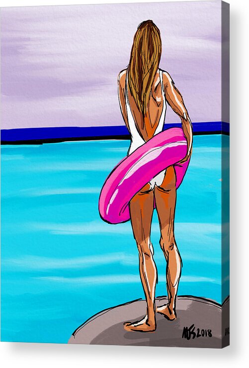 Beach Acrylic Print featuring the digital art Woman With A Float by Michael Kallstrom