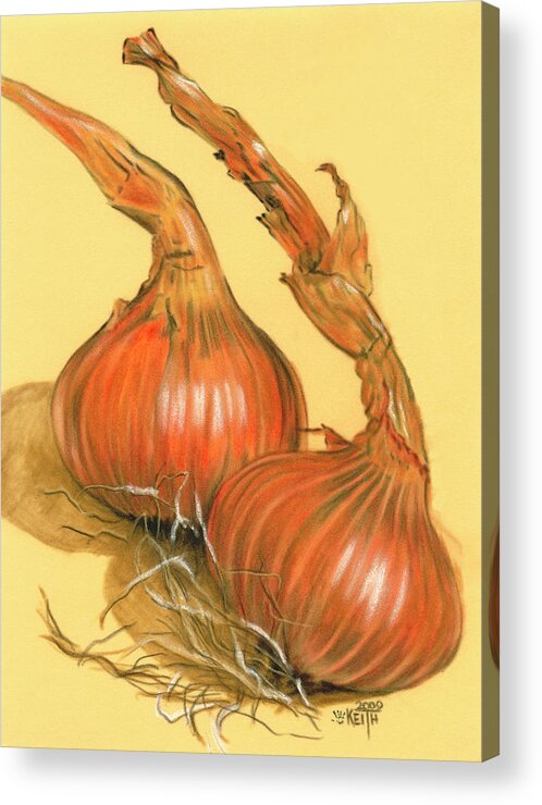 Two Spanish Onions Against A Yellow Background Acrylic Print featuring the painting Spanish Onions #1 by Barbara Keith