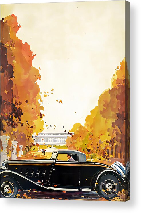 Vintage Acrylic Print featuring the mixed media 1933 Delage With Driver In Elegant Courtyard Setting Original French Art Deco Illustration by Roger Soubie