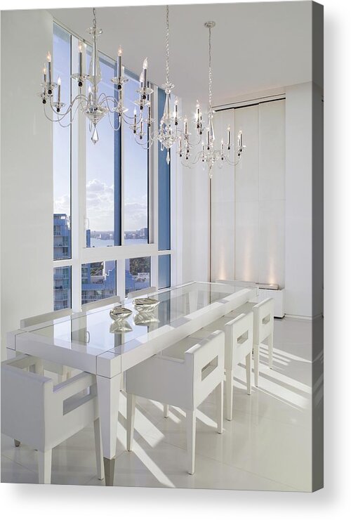 #new2022 Acrylic Print featuring the photograph All White Dining Room With Triple Chandeliers by Ken Hayden
