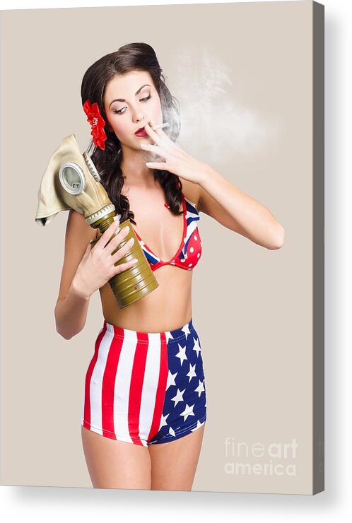 Soldier Acrylic Print featuring the photograph American military pin up girl holding gasmask by Jorgo Photography