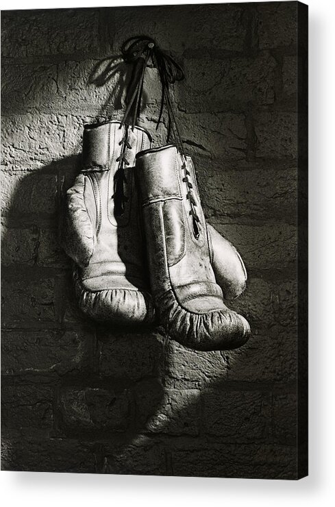 Hanging Acrylic Print featuring the photograph Boxing Gloves Hanging From Nail B&w by Ray Massey