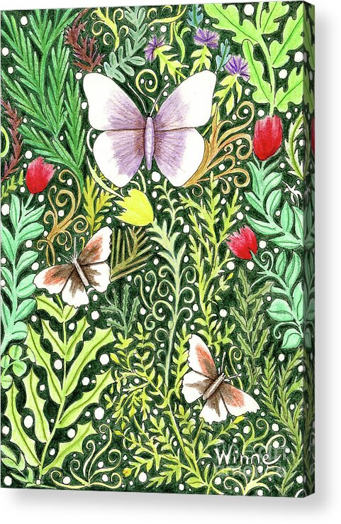 Lise Winne Acrylic Print featuring the painting Butterflies in the Millefleurs by Lise Winne
