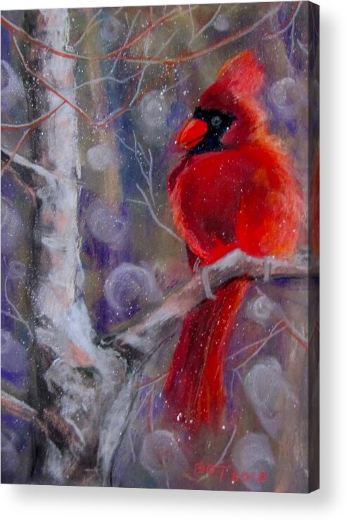 Bird Acrylic Print featuring the pastel Cardinal in the snow by Barbara O'Toole