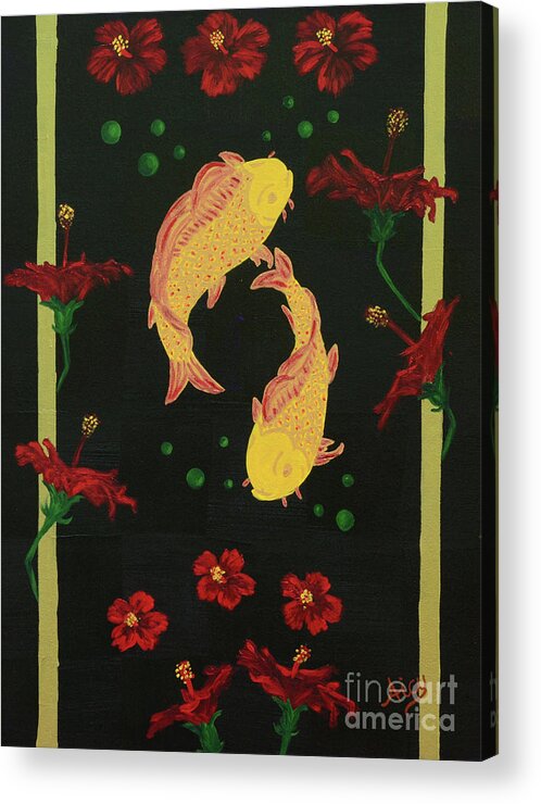 Carp Acrylic Print featuring the painting Carp and Hibiscus by Aicy Karbstein