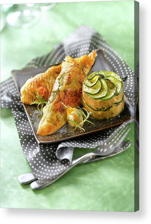 Roti Acrylic Print featuring the photograph Chapon Roti Aux Herbes, Gateau De Courgette Et Marron Roasted Capon With Herbs,zucchini And Chestnut Savoury Cake by Studio - Photocuisine