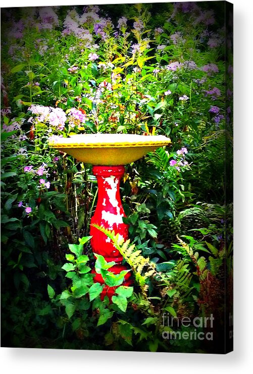 Nature Acrylic Print featuring the photograph Color Birdbath with Flowers by Frank J Casella