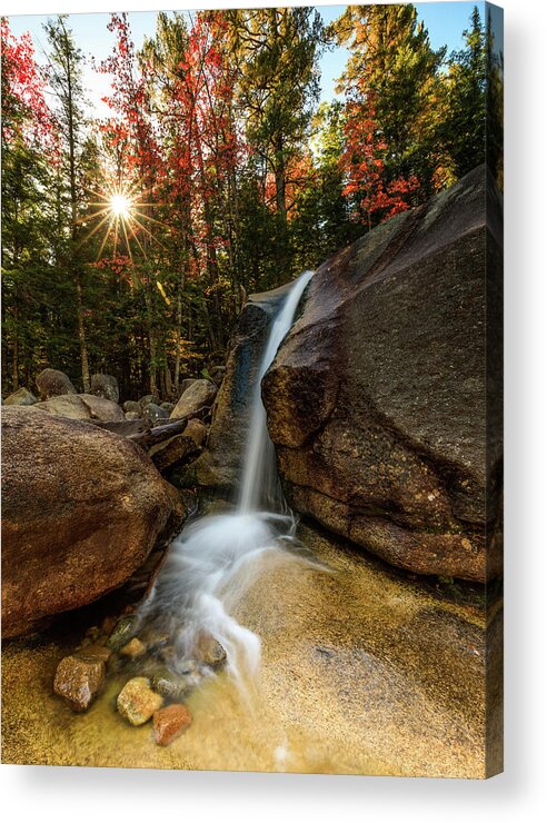 Waterfall; New Hampshire; New England; Diana's Baths; Fall; Falls; Sunstar; Trees; Sunrise; Long Exposure; Motion; Rocks; Flow; Mood; Autumn; Leaves; Colors; Rob Davies; Photography Acrylic Print featuring the photograph Diana's Baths by Rob Davies
