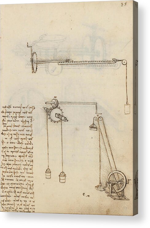 Codex Madrid I Acrylic Print featuring the drawing Folio f 35r. Codex Madrid I -Ms. 8937- 'Treaty of statics and mechanics', 192 folios with 384 pag... by Album