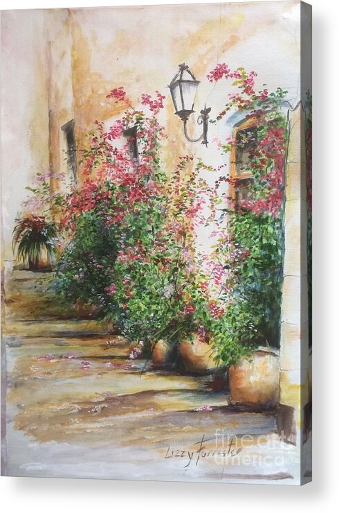 Baleares Acrylic Print featuring the painting Front door spectacle, Steps in the Old Town, Mallorca Balearics Spain by Lizzy Forrester
