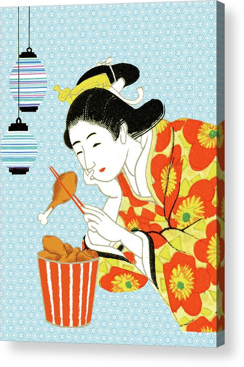 Adult Acrylic Print featuring the drawing Geisha Eating Fried Chicken by CSA Images