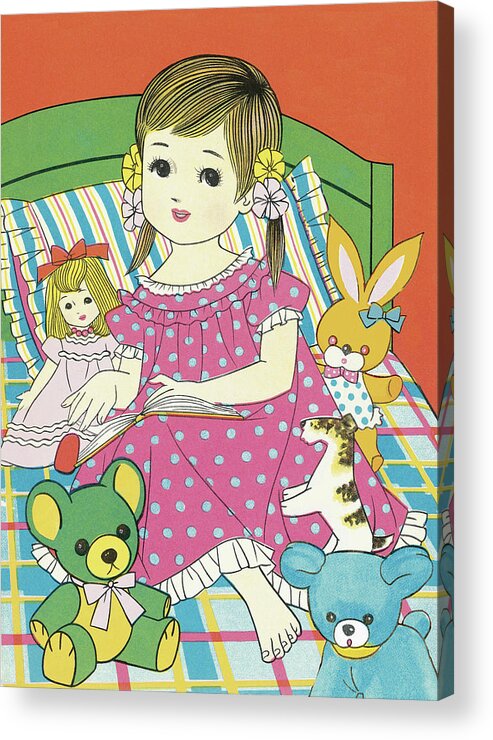 Campy Acrylic Print featuring the drawing Girl with stuffed animals by CSA Images