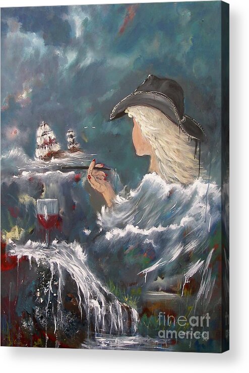 Glass Of Wine Painting Acrylic Woman Ocean Water Wave Miroslaw Chelchowski Blue Ship Boat Sailing Abstract Waterfall Red Hat Smoking Acrylic Print featuring the painting Glass Of Wine by Miroslaw Chelchowski