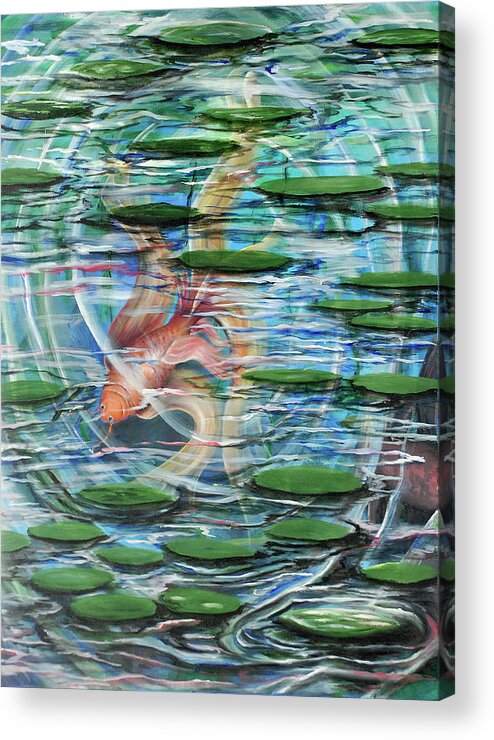 Alluring Pleasing Painting Goldfish Nature Water Pond Leaves Colorful Fantasy Art Beautiful Fish Art Fish Painting Goldfish Art Acrylic Print featuring the painting Goldfish by Medea Ioseliani