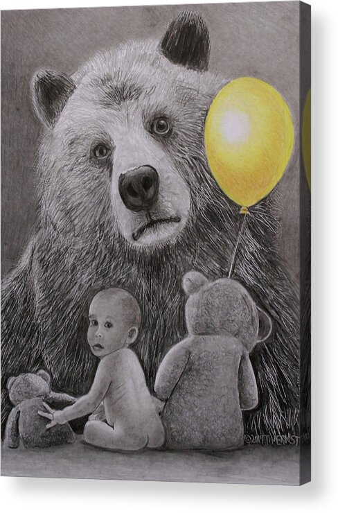 Monotone Acrylic Print featuring the drawing Goldilocks and the three bears by Tim Ernst